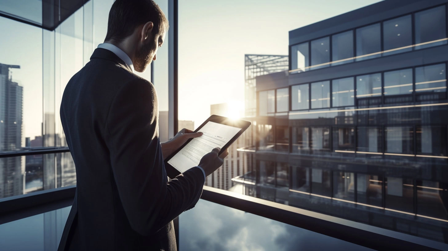 A man in a suit stands by a large window in a modern office building, reading from a tablet at sunset—an ideal setting for commercial property management in Kitchener-Waterloo, with city buildings visible in the background, commercial property management Kitchener-Waterloo