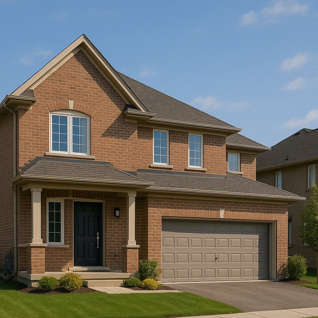 A two-story brick house with a double garage, black front door, and neatly trimmed lawn, this inviting investment property in Cambridge, Ontario is ideal for those seeking expert property management on a quiet suburban street under a clear sky, investment property management Cambridge Ontario