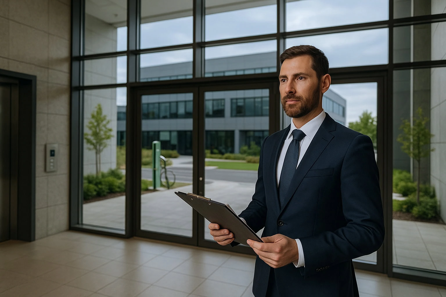 A man in a suit holds a clipboard while standing in a modern office building lobby with large windows, reflecting the professional atmosphere of commercial lease management London Ontario