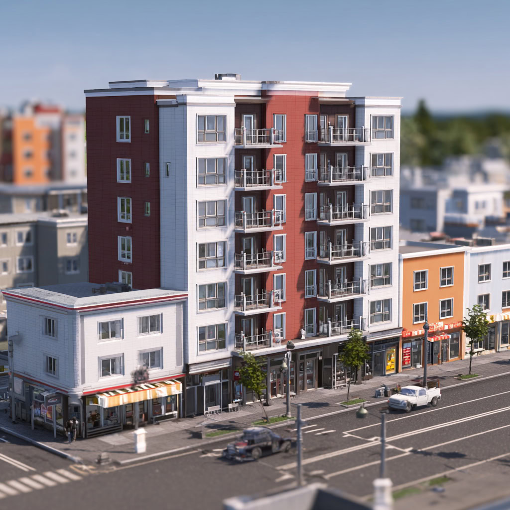 A mid-rise red and white mixed-use property in Woodstock, Ontario, features balconies and is surrounded by shops and cars on a lively city street during the daytime.