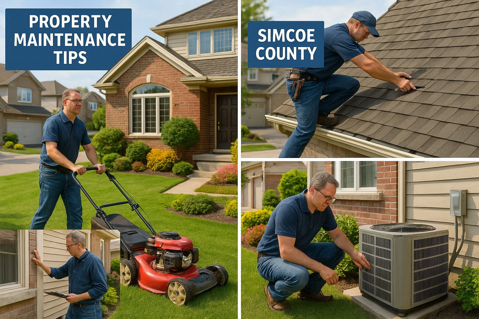 A man performs property maintenance Simcoe County tasks: mowing the lawn, inspecting a roof, checking siding, and examining an outdoor AC unit; labeled "Property Maintenance Tips Simcoe County.