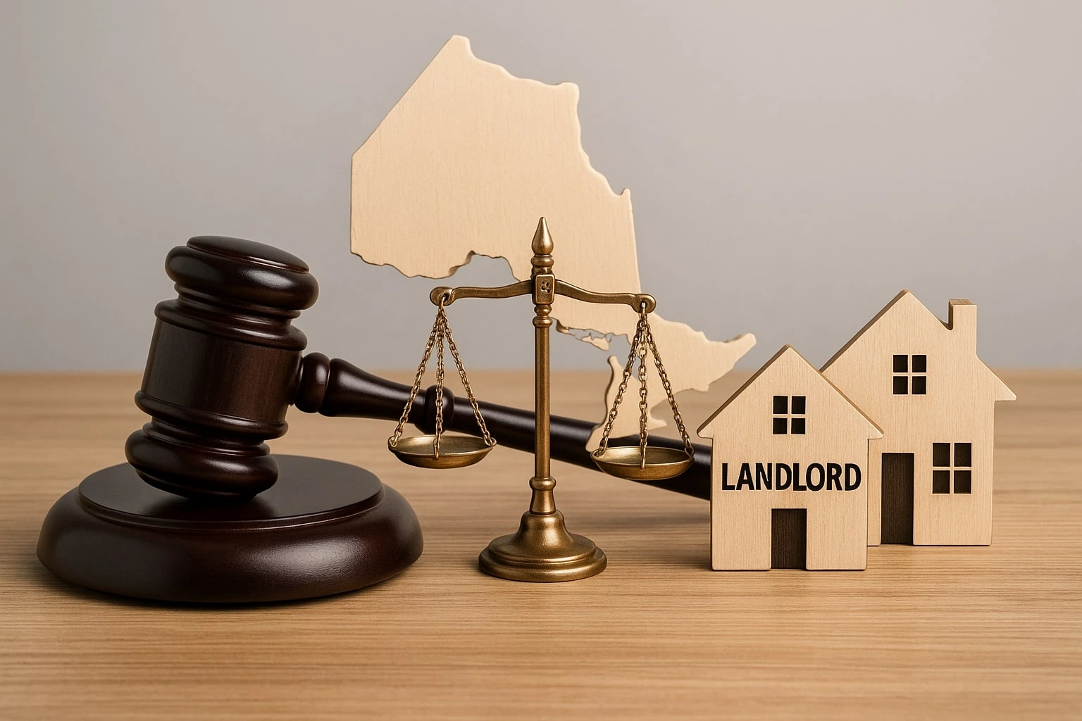 A judge’s gavel, a scale of justice, a wooden cutout of Ontario, and two model houses labeled "Landlord" illustrate the Ontario landlord tenant laws in Kitchener-Waterloo on a wooden surface.
