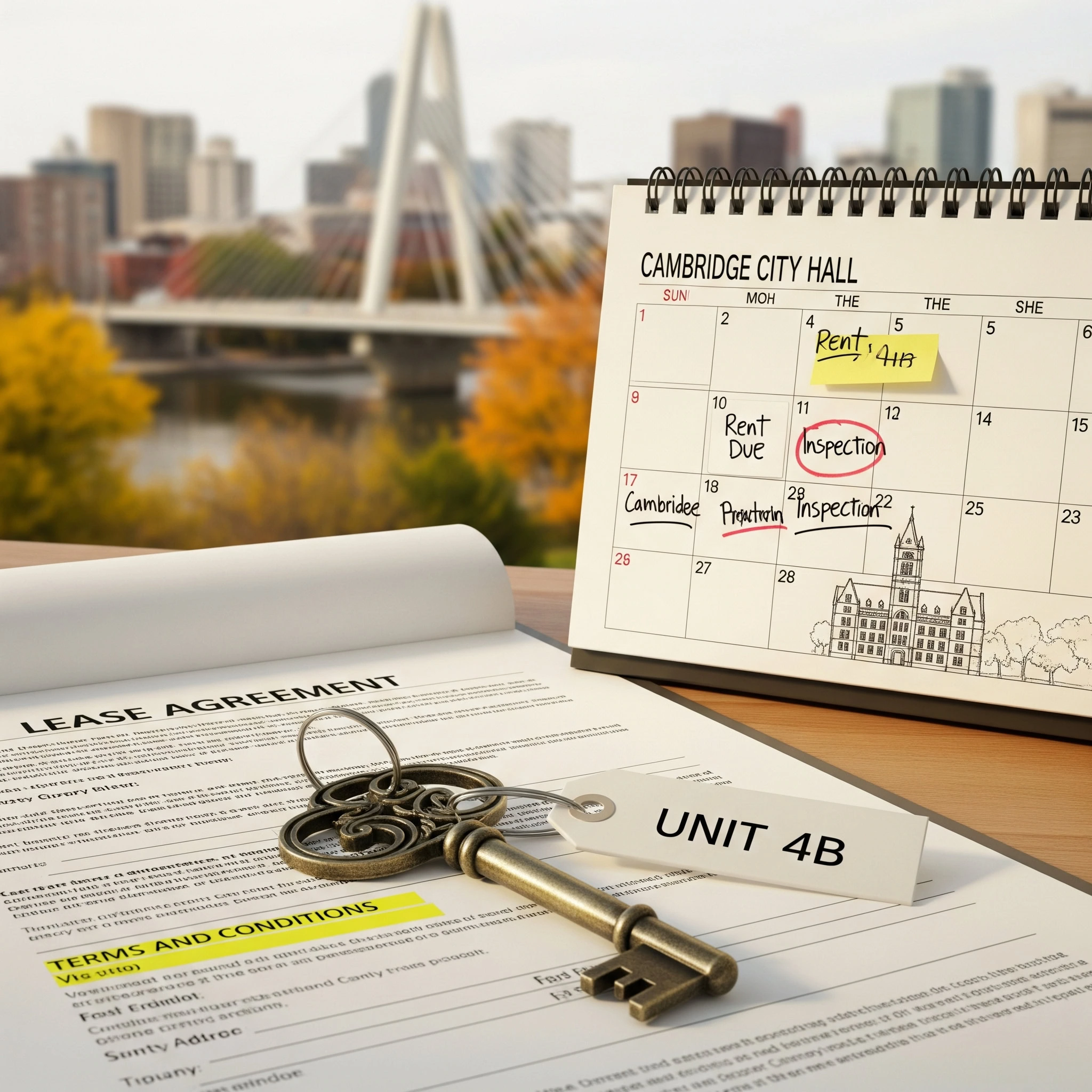 A lease agreement, vintage-style key labeled "Unit 4B," and a calendar with rent and inspection dates sit on a desk—perfect for lease management in Cambridge, Ontario—while a cityscape and bridge are visible in the background.