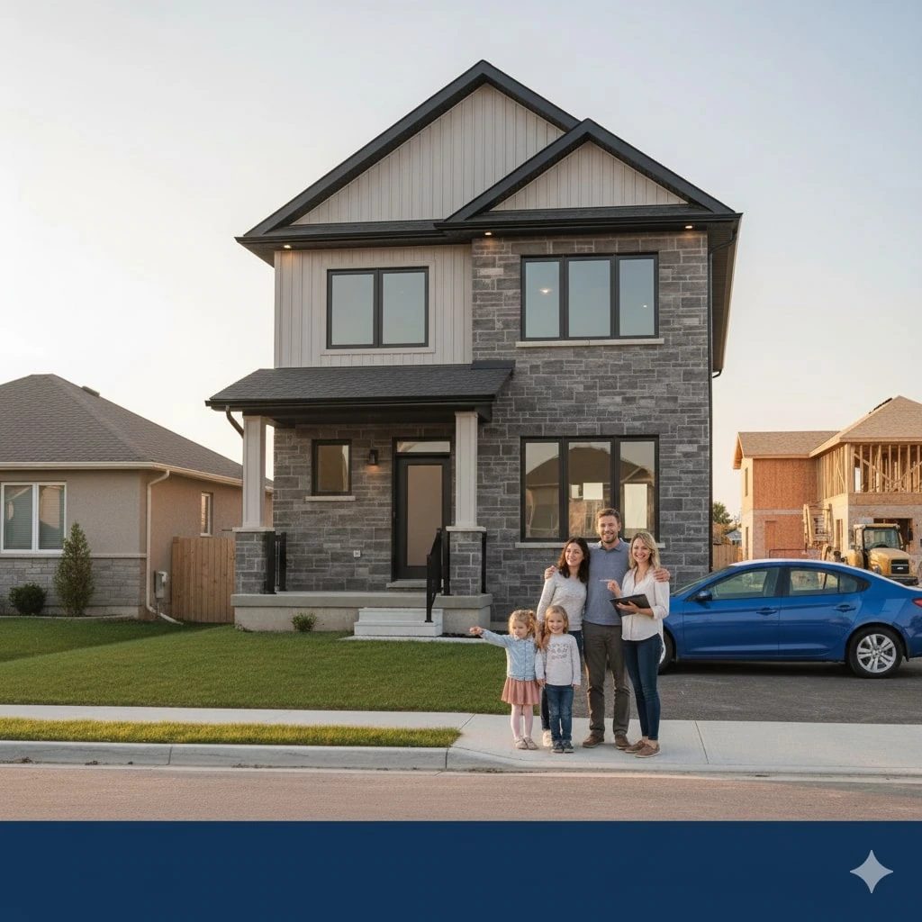 A family of five stands smiling in front of a modern two-story house with a blue car parked in the driveway, showcasing the potential of rental property investment in Woodstock, Ontario.